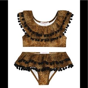 Stella Cove Girl's Leopard Print Double Ruffle Pompom Two-Piece Bikini Set-SZ 14